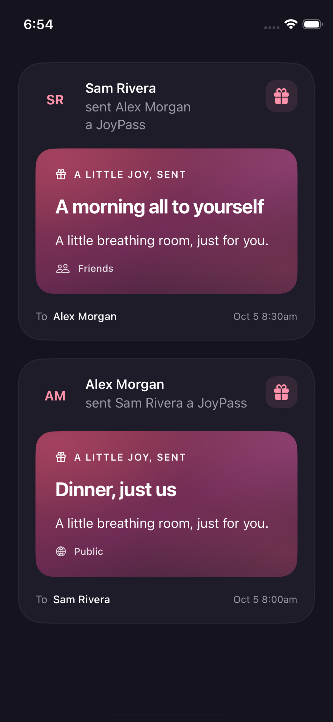 JoyPass iPhone feed: Sam sent Alex a gift called A morning all to yourself, marked Friends.